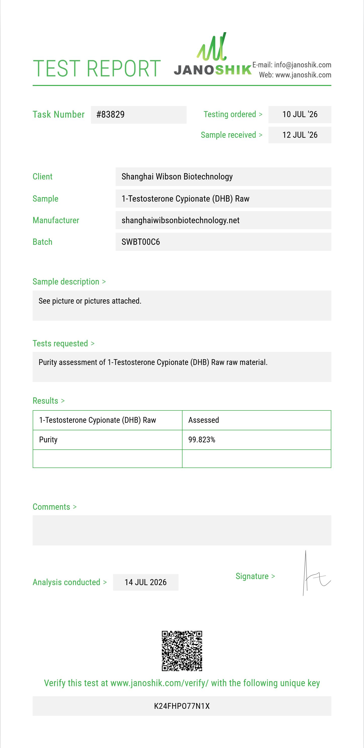 1-Testosterone Cypionate (DHB) Raw Purity (HPLC) report by Janoshik Analytical