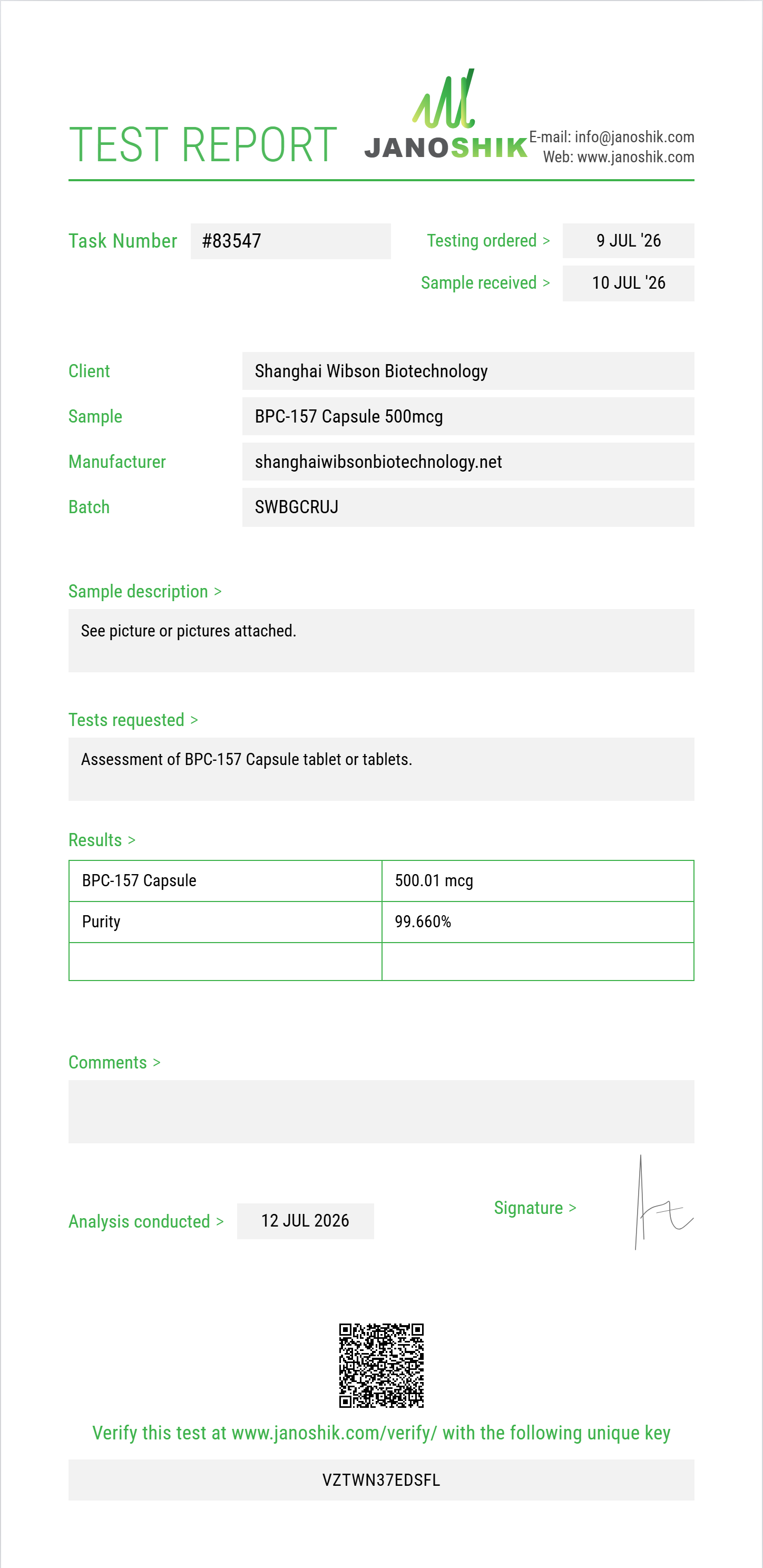 BPC-157 Capsule Purity (HPLC) report by Janoshik Analytical