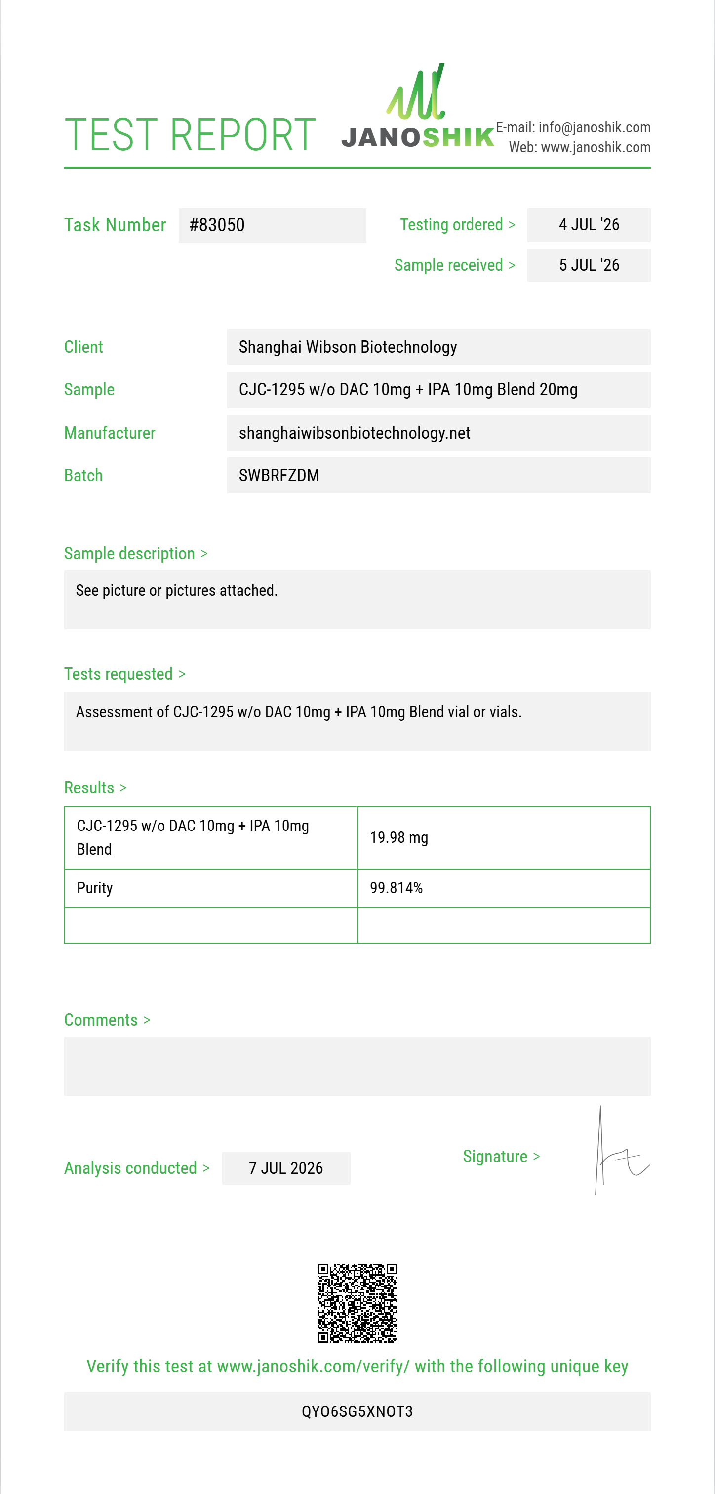 CJC-1295 w/o DAC 10mg + IPA 10mg Blend Purity (HPLC) report by Janoshik Analytical