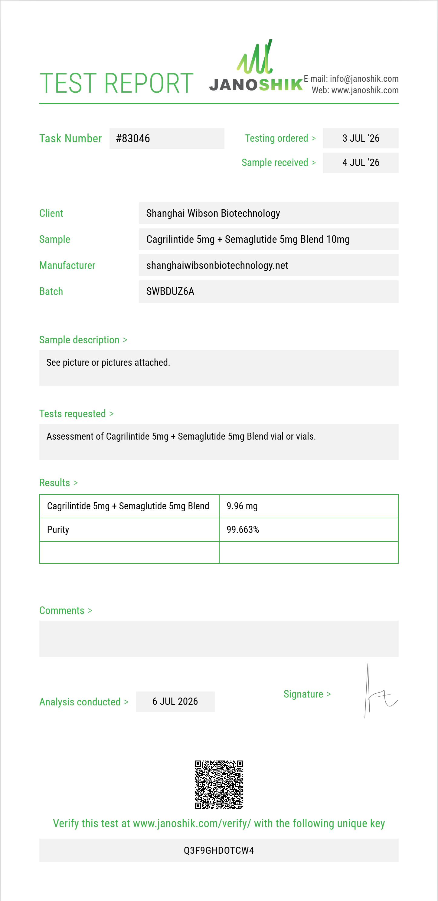Cagrilintide 5mg + Semaglutide 5mg Blend Purity (HPLC) report by Janoshik Analytical
