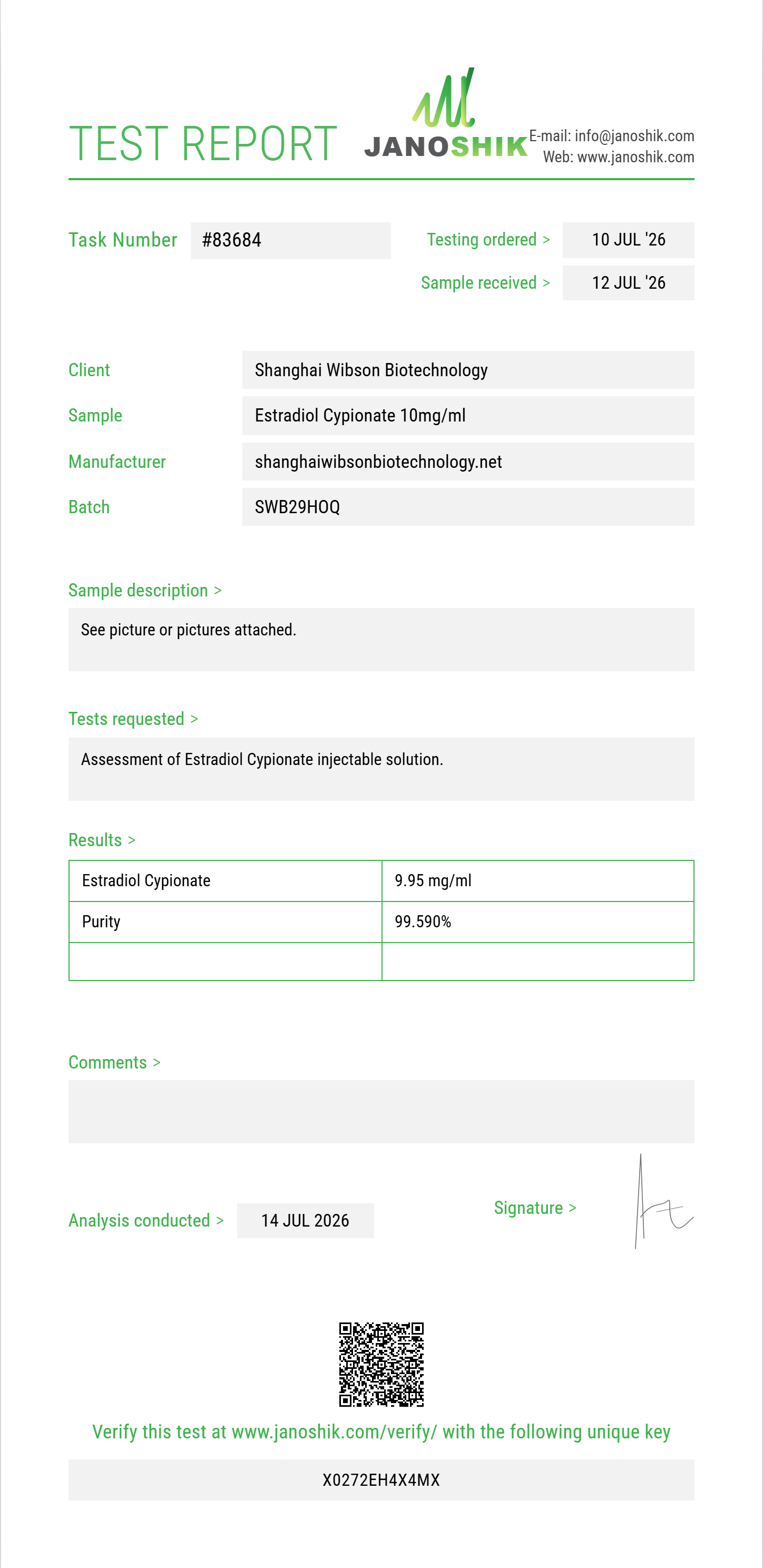Estradiol Cypionate Purity (HPLC) report by Janoshik Analytical