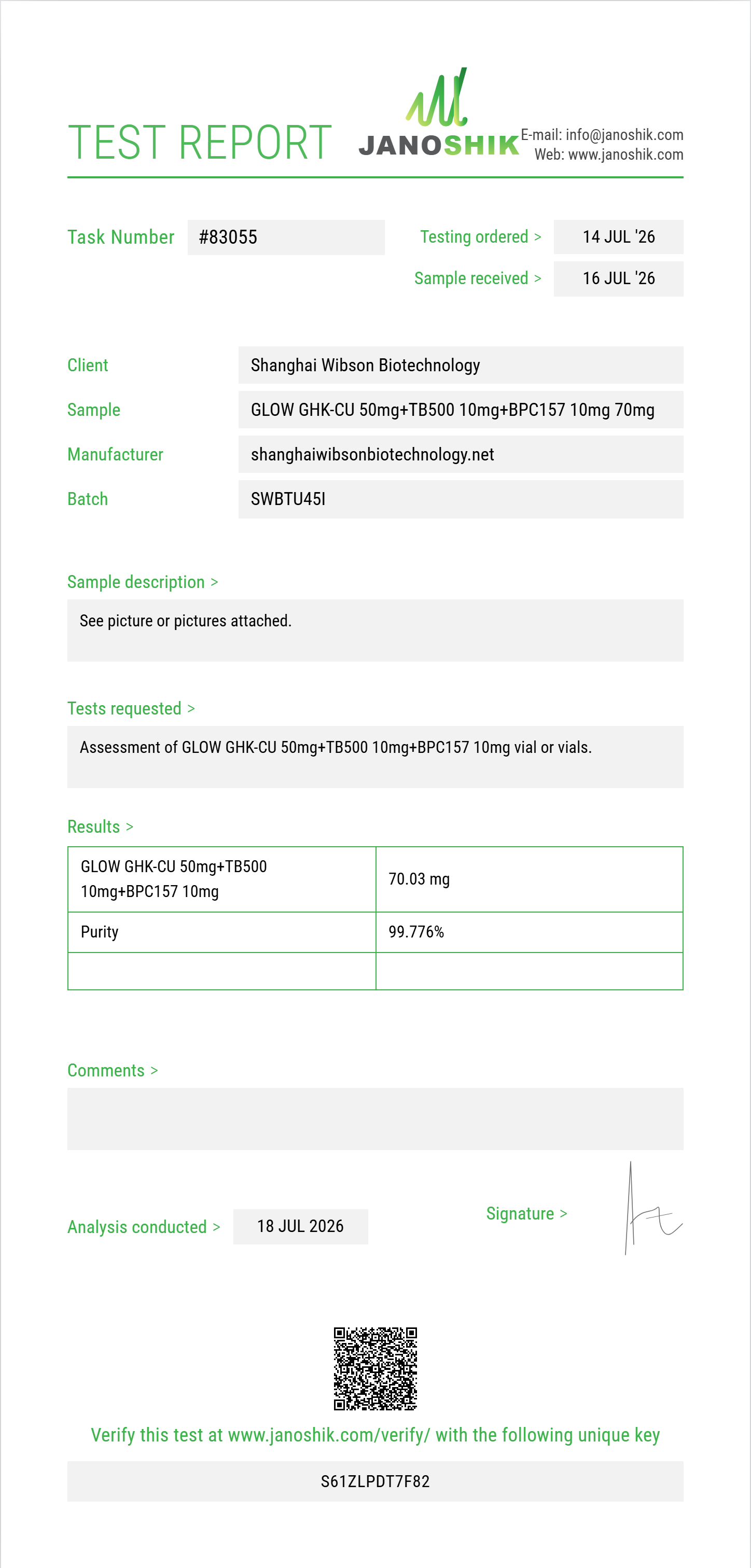 GLOW GHK-CU 50mg+TB500 10mg+BPC157 10mg Purity (HPLC) report by Janoshik Analytical