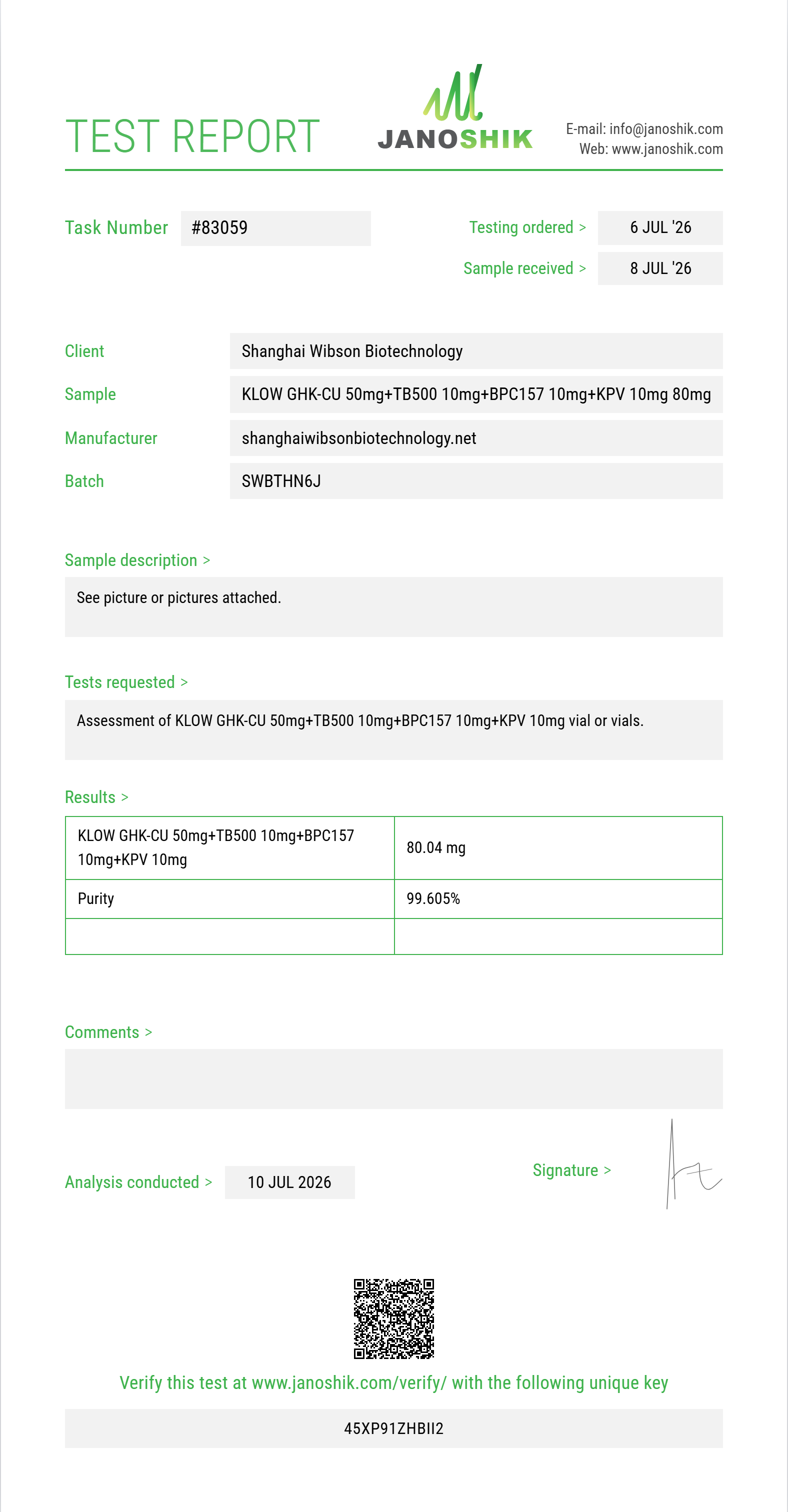 KLOW GHK-CU 50mg+TB500 10mg+BPC157 10mg+KPV 10mg Purity (HPLC) report by Janoshik Analytical