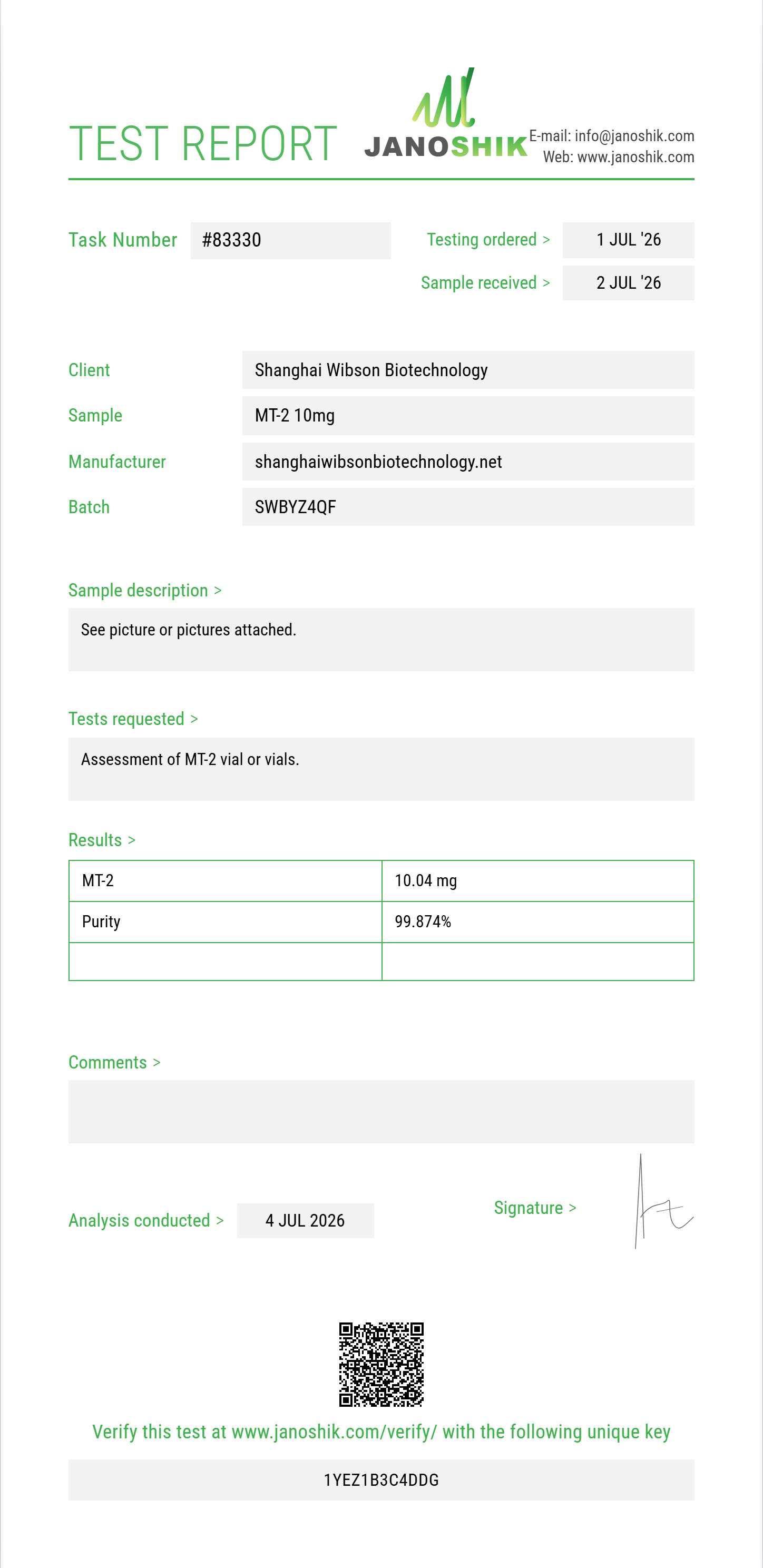 MT-2 Purity (HPLC) report by Janoshik Analytical
