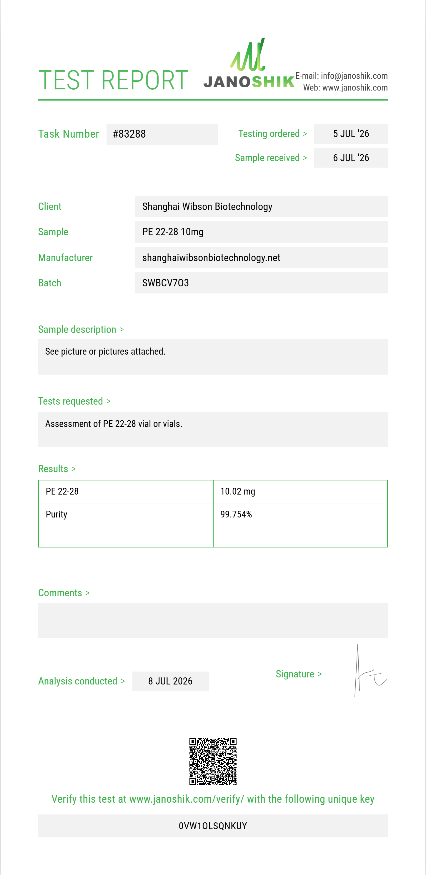 PE 22-28 Purity (HPLC) report by Janoshik Analytical