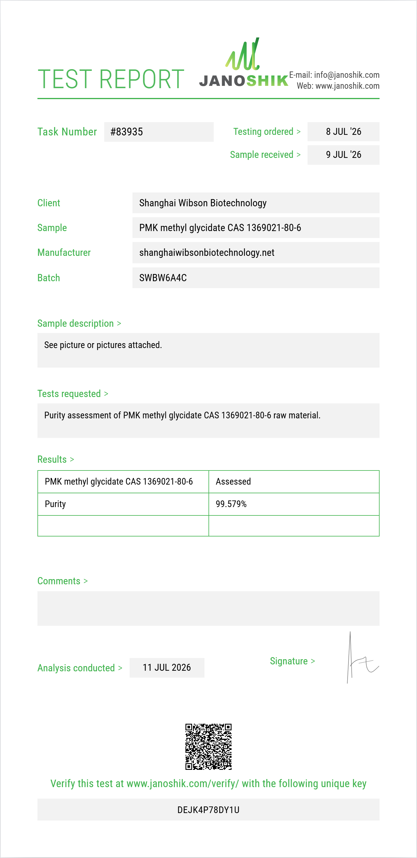 PMK methyl glycidate CAS 1369021-80-6 Purity (HPLC) report by Janoshik Analytical