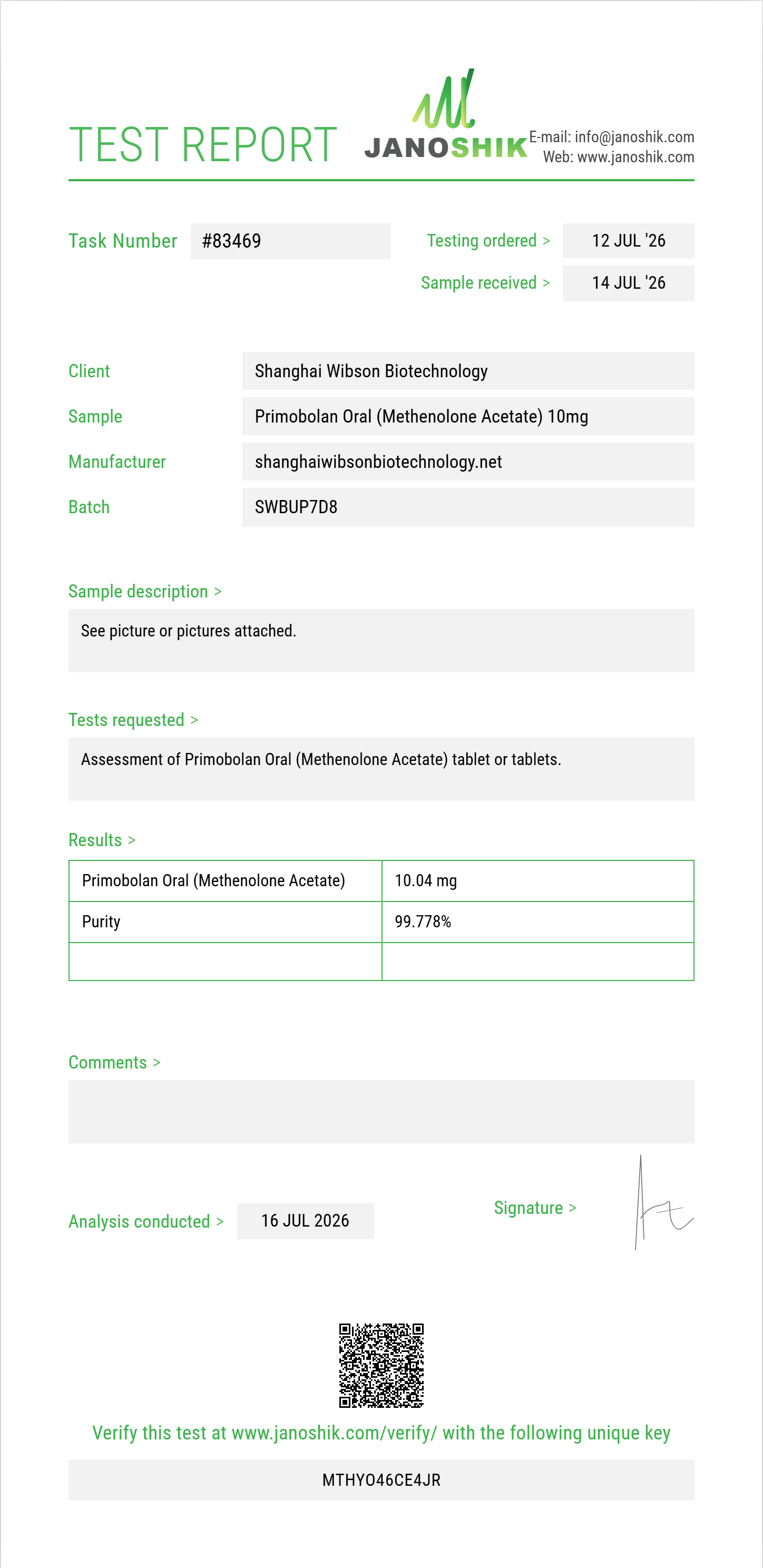Primobolan Oral (Methenolone Acetate) Purity (HPLC) report by Janoshik Analytical