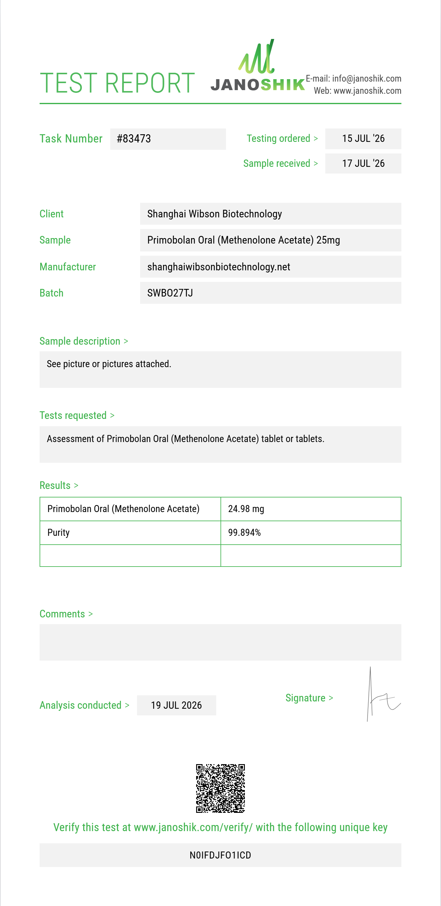 Primobolan Oral (Methenolone Acetate) Purity (HPLC) report by Janoshik Analytical