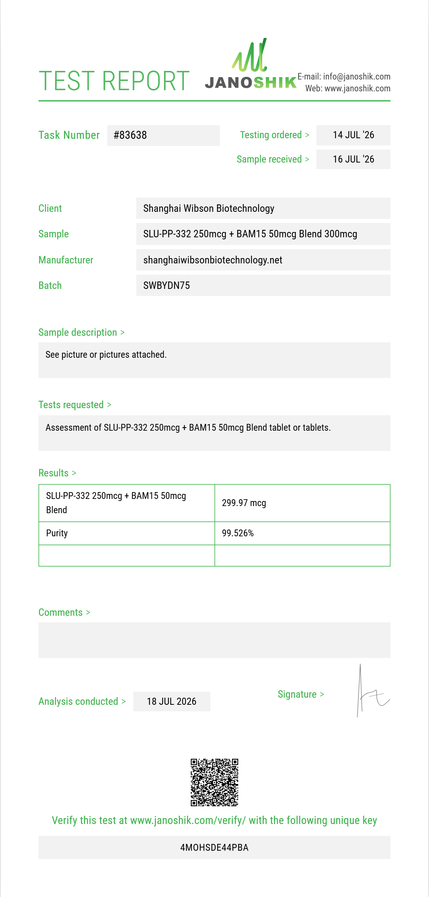 SLU-PP-332 250mcg + BAM15 50mcg Blend Purity (HPLC) report by Janoshik Analytical
