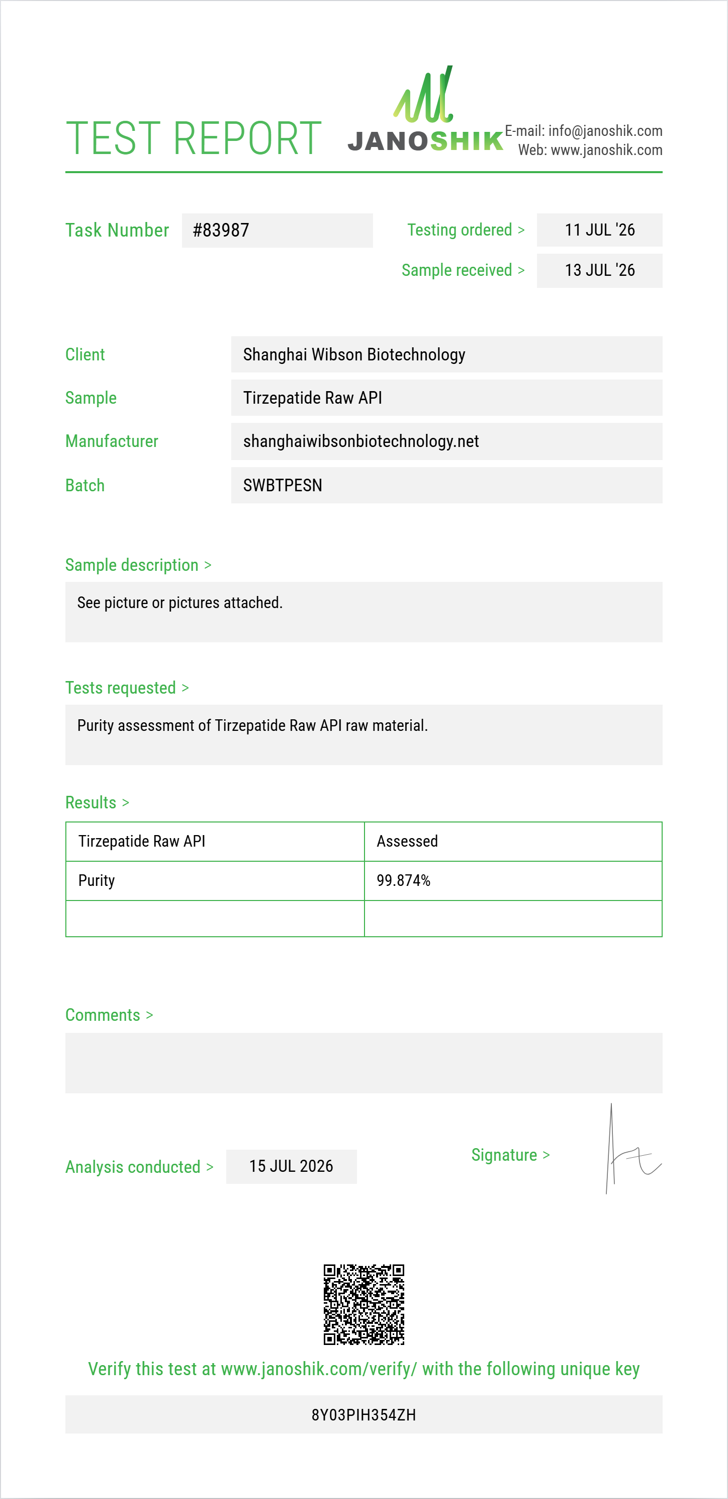 Tirzepatide Raw Purity (HPLC) report by Janoshik Analytical