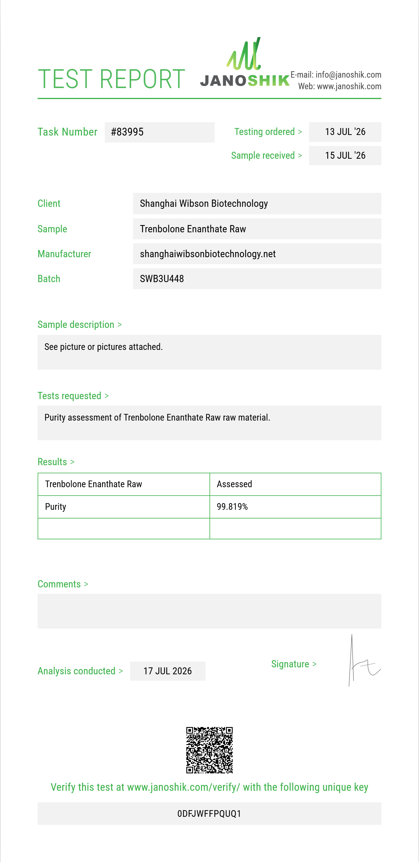 Trenbolone Enanthate Raw Purity (HPLC) report by Janoshik Analytical