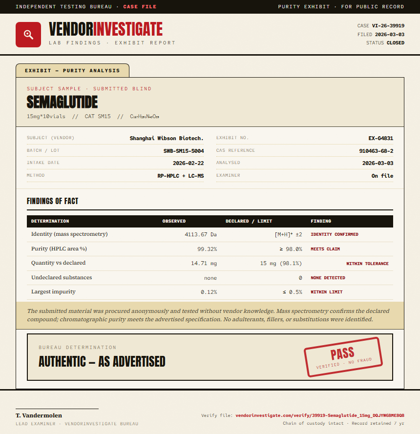 Semaglutide Purity (HPLC) report by VendorInvestigate